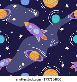 Cosmos seamless pattern. Cartoon space background with rockets, stars, planets and nebula. Universe vector illustration for textile, fabric.