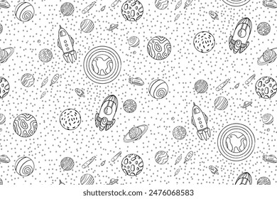 Nahtloses Muster des Kosmos. Handgezeichnete Doodle-Vektorgrafik. Raketen Planeten Konstellationen Ufo Sterne Satellit etc. Weltraum-Kollektion. Schwarz und Weiß.