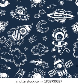 Cosmos seamless pattern on a dark background. Rocket, space shuttle, astronaut, stars, UFO, moon, satellite, planets, sun. Doodle universe. Vector astronomy texture for printing on fabric.