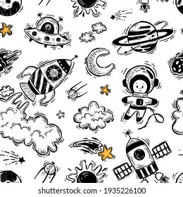 Cosmos seamless pattern on a white background. Rocket, space shuttle, astronaut, stars, UFO, moon, satellite, planets, sun. Doodle universe. Vector astronomy texture for printing on fabric.