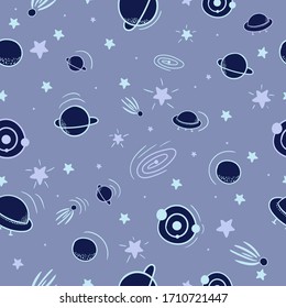 Cosmos Seamless Pattern With Planets, Galaxy And Stars. Vector Space Background In Doodle Style. Design For Print, Textile, Wallpaper.