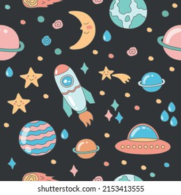 Cosmos seamless pattern. Planets, stars, and a rocket. Cartoon vector illustration. Textile