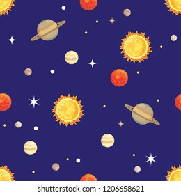 Cosmos seamless pattern. Vector illustration of universe, stars and planets in a simple cartoon flat style.