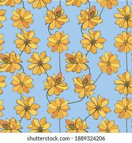 Cosmos seamless pattern. Yellow flower on blue botanical art design stock vector illustration for web, for print, for fabric print