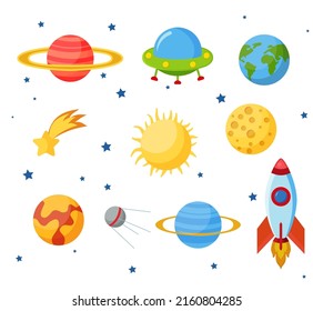 Cosmos set concept. Set on a space theme, including a transport, planets and related objects, satellites, instruments for tracking the cosmos. V