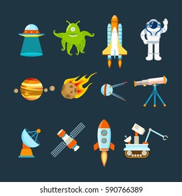 Cosmos set concept. Set on a space theme, including a transport, planets and related objects, satellites, instruments for tracking the cosmos. Vector illustration isolated on white background.