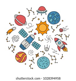 Cosmos. Set of elements in doodle and cartoon style. Color. Outline.  Vector. EPS 8