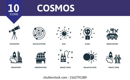 Cosmos set icon. Editable icons cosmos theme such as solar system, alien, spaceport and more.