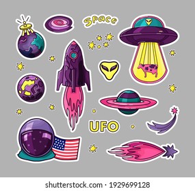 Cosmos is a set of stickers for kids. Rocket, ufo, planets, stars, astronaut. Vector.