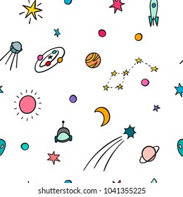 Cosmos space astronomy simple seamless pattern. Endless galaxy inspiration graphic design typography element. Hand drawn Cute simple vector background.