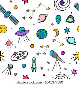 Cosmos space astronomy simple seamless pattern. Endless galaxy inspiration graphic design typography element. Hand drawn Cute simple vector background.