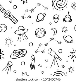 Cosmos Space Astronomy Simple Seamless Pattern. Endless Galaxy Inspiration Graphic Design Typography Element. Hand Drawn Cute Simple Vector Background.