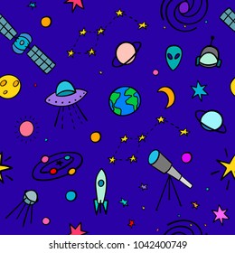 Cosmos space astronomy simple seamless pattern. Endless galaxy inspiration graphic design typography element. Hand drawn Cute simple vector background.