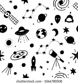 Cosmos space astronomy simple seamless pattern. Endless galaxy inspiration graphic design typography element. Hand drawn Cute simple vector background. Earth UFO Stars Mars Moon Astronaut Telescope