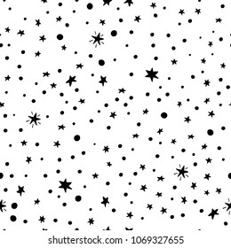 Cosmos space astronomy simple seamless pattern. Endless galaxy inspiration graphic design typography element. Hand drawn Cute simple vector background Stars