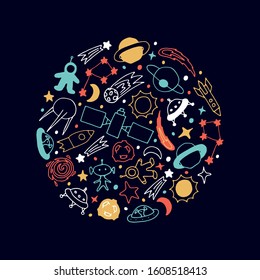 Cosmos space background. Hand drawn space objects (stars, planets, sun, moon, meteors, rockets) in white, yellow, orange colors on dark blue background. Doodle style. Cartoon vector illustration EPS10