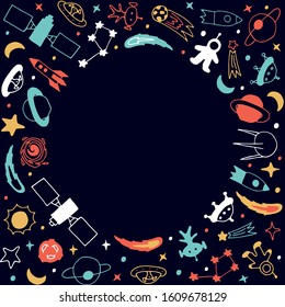Cosmos space background. Hand drawn space objects (stars, planets, sun, moon, meteors, rockets) in white, yellow, orange colors on dark blue background. Doodle style. Cartoon vector illustration EPS10
