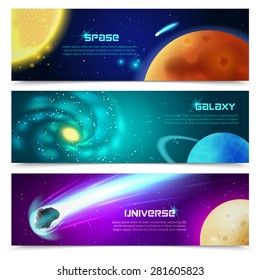 Cosmos space galaxy astronomical educational three horizontal banners set with sun and comets abstract isolated vector illustration