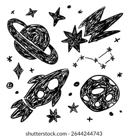 Cosmos mão desenhado rabiscos conjunto, silhueta preta isolada no branco. Cometa, estrela, foguete e planetas rabisca, efeito de desenho marcador infantil. Clipart vetorial para design e impressão de arte cósmica.
