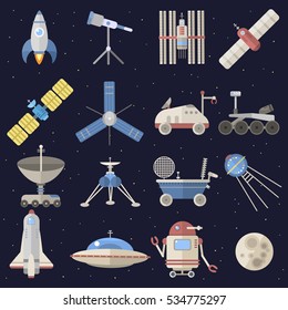 Cosmos space icons vector set isolated on night black background. Satellite, meteorite, planets, astronaut and spaceships