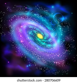 Cosmos space luminous spiral galaxy astronomical scientific poster with rotating disk of stars dust abstract vector illustration