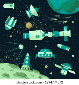 Cosmos space. Orbital satellit, planets and spaceships