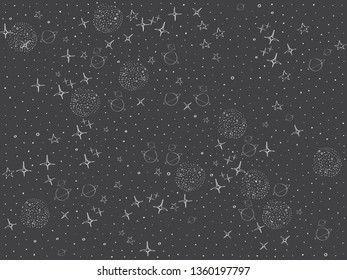 Cosmos, space, planets, night stars pattern. Space, univrse black and white dark sketch. Night sky, Galaxies cute baby doodle. Childish background. Hand drown design for kids Vector illustration