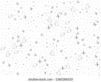 Cosmos, space, planets, stars pattern. Space, univrse black and white sketch. Galaxies and stars cute doodle baby elements. Childish background. Hand drown design for kids Vector illustration