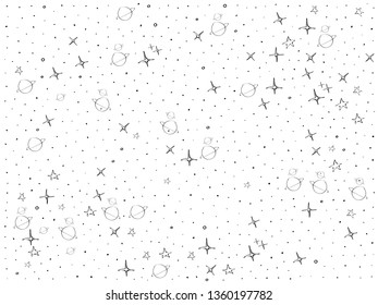 Cosmos, space, planets, stars pattern. Space, univrse black and white sketch. Galaxies and stars cute doodle baby elements. Childish background. Hand drown design for kids Vector illustration