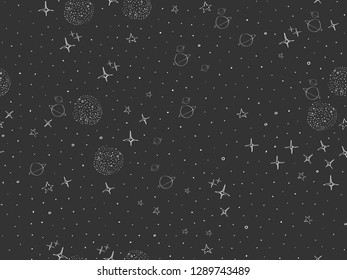 Cosmos, space, planets, stars seamless pattern. Space, univrse black and white dark sketch. Night sky, Galaxies cute baby doodle. Childish background. Hand drown design for kids Vector illustration