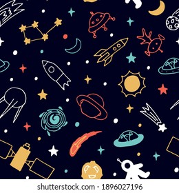 Cosmos space seamless pattern. Hand drawn space objects (stars, planets, sun, moon, meteors, rockets) in white, yellow, orange colors on dark blue background. Doodle style. Cartoon vector illustration