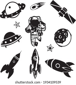Cosmos Space set black vector illustration on isolated background. Cosmonautics Day
