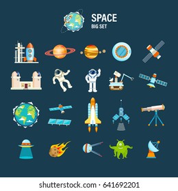 Cosmos and space set concept. Big set on space theme, including a transport, planets and related objects, satellites, instruments for tracking the cosmos. Vector illustration isolated