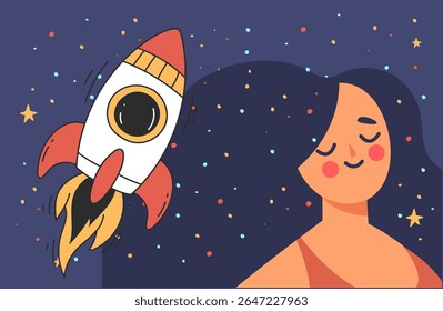Cosmos space universe science dream concept. Vector flat graphic design cartoon illustration