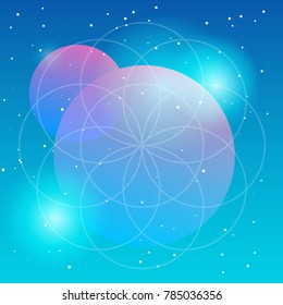Cosmos, space vector flat Illustration of two planets on a blue sky colors gradient backgroud with constellation of stars, mandala and soft light. Used for logo, icon or templates for web