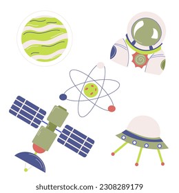 Cosmos space vector illustration set. Planet, Cosmonaut, Artificial Satellite, Galaxy Astronaut vector flat ilustration.