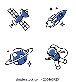 Paquete de iconos de esquema del vector del espacio Cosmos. Satélite astronauta de Rocket Planet