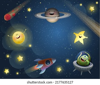 Cosmos with stars, rocket and planets children wallpaper, cute copy space adventure background for text. Wallpaper for children, outer space inspiration for kids. Vector illustration.