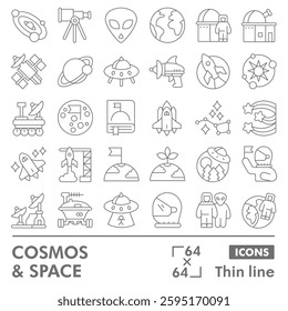 Cosmos symbols collection or sketches. Space exploration theme in thin line style signs for web and app. Vector graphics isolated on white background