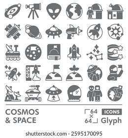 Cosmos symbols collection or sketches. Space exploration theme in glyph style signs for web and app. Vector graphics isolated on white background