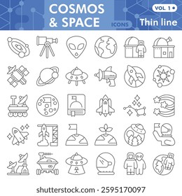 Cosmos symbols collection or sketches. Space exploration theme bar in thin line style signs for web and app. Vector graphics isolated on white background