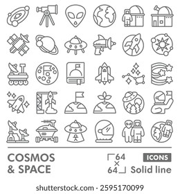 Cosmos symbols collection or sketches. Space exploration theme in line style signs for web and app. Vector graphics isolated on white background