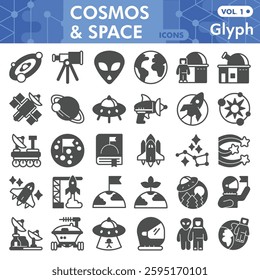 Cosmos symbols collection or sketches. Space exploration theme bar in glyph style signs for web and app. Vector graphics isolated on white background