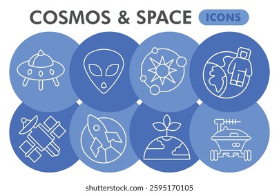 Cosmos symbols collection or sketches. Space exploration theme bubbles in thin line style signs for web and app. Vector graphics isolated on white background