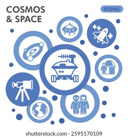 Cosmos symbols collection or sketches. Space exploration theme bubbles in glyph style signs for web and app. Vector graphics isolated on white background