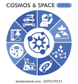 Cosmos symbols collection or sketches. Space exploration theme diagram pie in glyph style signs for web and app. Vector graphics isolated on white background