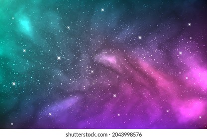Cosmos texture. Colorful galaxy with bright stars. Space background with glowing stardust. Cosmic fantasy with color clouds. Deep cosmos wallpaper. Vector illustration.