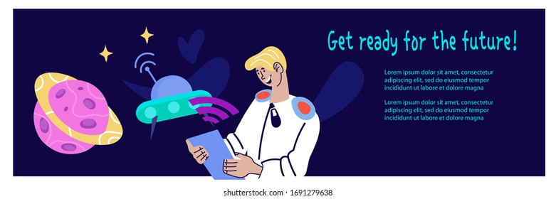 Cosmos topic banner template with astronaut or cosmonaut character. Universe research, advanced communication internet technology and space exploration concept. Flat cartoon vector illustration.
