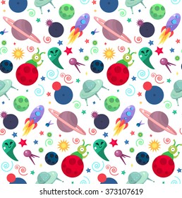 Cosmos and UFO concept in seamless pattern for wrap, print, fabric, game, web, children's items. Spaceship,  satellites, planet and alien, extraterrestrial, stars and universe. Vector