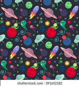 Cosmos and UFO concept in seamless pattern for wrap, print, fabric and game, web and children's items. Spaceship,  satellites, planet and alien, extraterrestrial, stars and universe. Vector